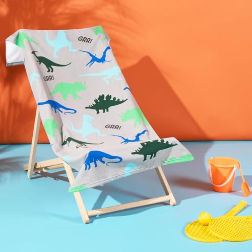 Dreamscene Kinder Strandtuch, Dino-Druck, grau, Badetücher für Kinder und Erwachsene, superweiche Mikrofaser, schnell trocknendes Handtuch, Sommer, Strand, Urlaub, Essentials, 71 cm x 152 cm von DREAMSCENE