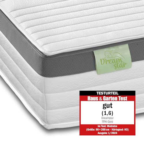 DREAMSTAR Gold Taschenfederkernmatratze I ergonomische 7-Zonen Tonnentaschenfederkernmatratze I 21 cm hoch I Öko-Tex Zertifiziert I Härtegrad 3 (H3) I Matratze I 90 x 200 cm von DREAMSTAR