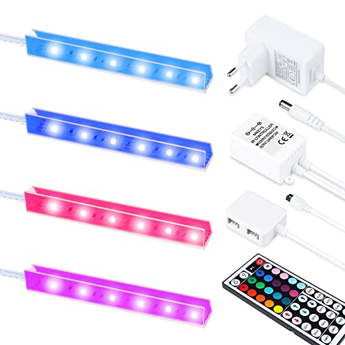 4-teiliges Set Glasbodenbeleuchtung, LED, transparenter unsichtbarer Clipschrank, Vitrinenbeleuchtung, Glaskantenbeleuchtung, RGB-Farbwechselfunktion, 20 Farbwechsel Schrankbeleuchtung von DREETINO
