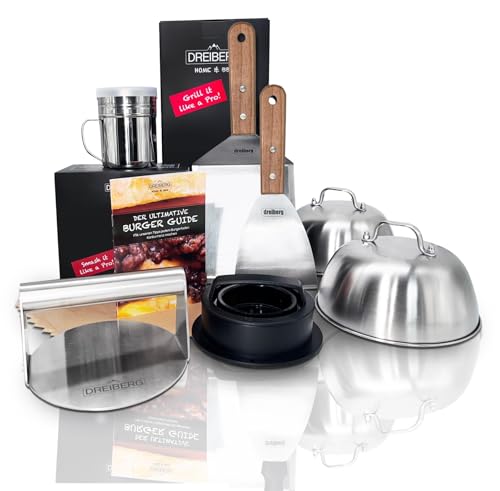 DREIBERG® Burger Set aus Buchenholz und Edelstahl für Plancha, Gasgrill, Teppanyaki inkl. Grillspachtel Set, Burgerpapier, Schmelzglocken, Grillpresse, Gewürzstreuer und Rezeptbuch (9-TLG.) von DREIBERG