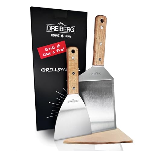 DREIBERG® Grillspachtel Set mit Buchenholz und Edelstahl inkl. 20 STK. Burgerpapier - Grill Pfannenwender für Smash Burger Set ideal als Smashed-Burger-Presse von DREIBERG