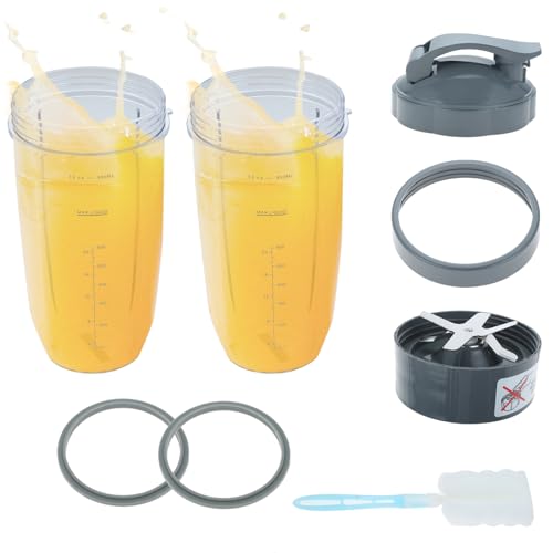 DRELD 8 Stück Mixer Ersatzteile Kompatibel mit NutriBullet Entsafter 600W/900W, 2 Mixbecher 32oz / Extraktorklinge/Flip-Top To-Go Deckel Ring / 2 Gummidichtungen/Reinigungsbürste von DRELD