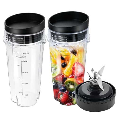 DRELD Mixbecher und 6-Flossen-Extraktorklingen-Set, 5 Stück, 473 ml, Einzel-Servierbecher mit Trink- und Dichtungsdeckel, Extraktorklinge Ersatz für Ninja BL660/BL663/BL770/Nutri QB3000 Serie von DRELD