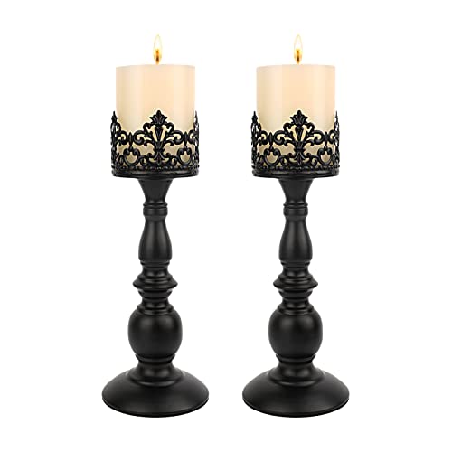 Kerzenhalter für Stumpenkerzen, Gothic, mattschwarz, Vintage, hohe Kerzenhalter, Set mit 2 dekorativen großen Tischaufsätzen, Kerzenständer, Dekoration (schwarz, 2 Stück) A) von DRELIFAM