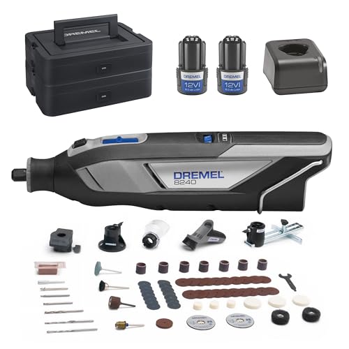Dremel 8240 Akku-Rotationswerkzeug 12V 2Ah, Multifunktionswerkzeug Set mit 2 Akkus, 5 Auf-und Vorsätze, 1 Dremel BOX, 65 Zubehören zum Schneiden, Gravieren, Schleifen, Polieren, Schärfen, Bohren Dremel 8240 Akku-Rotationswerkzeug 12V 2Ah, Multifunktionswerkzeug Set mit 2 Akkus, 5 Auf-und Vorsätze, 1 Dremel BOX, 65 Zubehören zum Schneiden, Gravieren, Schleifen, Polieren, Schärfen, Bohren von DREMEL