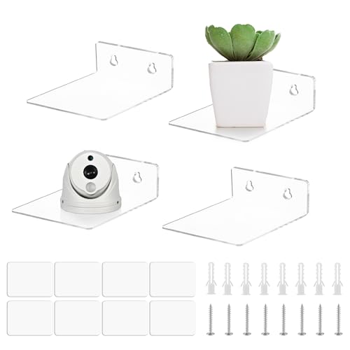 DRERIO 4 Stück Acryl Wandregale Set 10cm Mini Regal Transparent Wandregal Badezimmer, Kleines Wandregal Schlafzimmer mit 8 Aufkleber 8 Schrauben ohne Bohrung Regal Unsichtbare Regale für büro von DRERIO