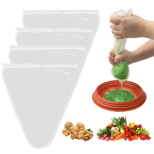 DRERIO 4 Stück nussmilchbeutel waschbar, nussbeutel sieb nut Milk Bag Nylon 30 × 30 cm, passiertuch wiederver mit Kordelzug wendbar, filtertuch filterbeutel für Nussmilch Käse Kaffee (Trichterförmig) von DRERIO