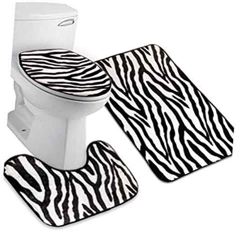 DRESSOOS Teppiche 3St Zebra-Toilettenvorleger Tierteppich Badezimmermatte waschbarer Teppich Zebra-Flanell-Badematte Sockelteppich + Deckel Toilettendeckel + Badematte rutschfest von DRESSOOS