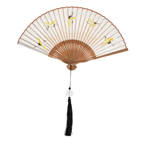 DRESSOOS Klassischer Seiden-Holz Faltfächer mit Chinesisch-japanischem Kranichmotiv Leichter Handlicher Vintage-handfächer für Sommer Dekorativer Traditioneller Lüfter und Stilvolles von DRESSOOS