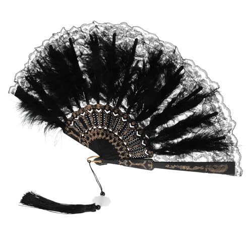 DRESSOOS Vintage Stil Faltbarer Handfächer mit Federn und Spitze Eleganter Tanz Kostümfächer für Party Hochzeit Cosplay und Sommer Kühlung Dekorativer Orientalischer Federfächer von DRESSOOS