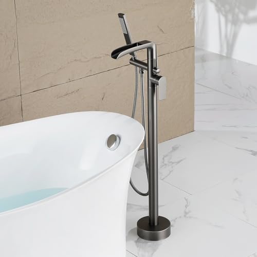 Boden-Badewannenarmatur Wasserfall mit Duschkopf, Dual-Modus, freistehend, Messing, Grau Boden-Badewannenarmatur Wasserfall mit Duschkopf, Dual-Modus, freistehend, Messing, Grau von DRFGHK