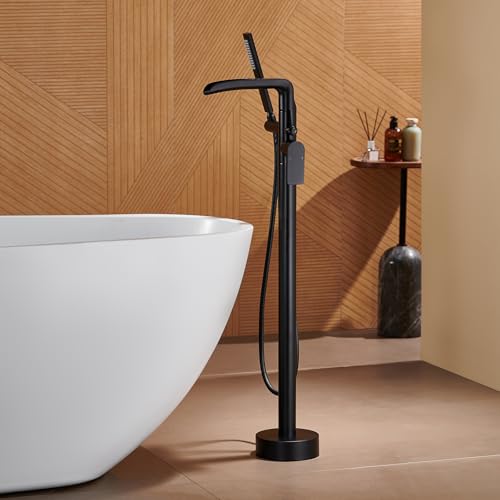 Boden-Badewannenarmatur Wasserfall mit Duschkopf, Dual-Modus, freistehend, Messing, Schwarz Boden-Badewannenarmatur Wasserfall mit Duschkopf, Dual-Modus, freistehend, Messing, Schwarz von DRFGHK