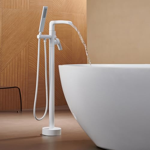 Boden-Badewannenarmatur Wasserfall mit Duschkopf, Dual-Modus, freistehend, Messing, Weiß Boden-Badewannenarmatur Wasserfall mit Duschkopf, Dual-Modus, freistehend, Messing, Weiß von DRFGHK