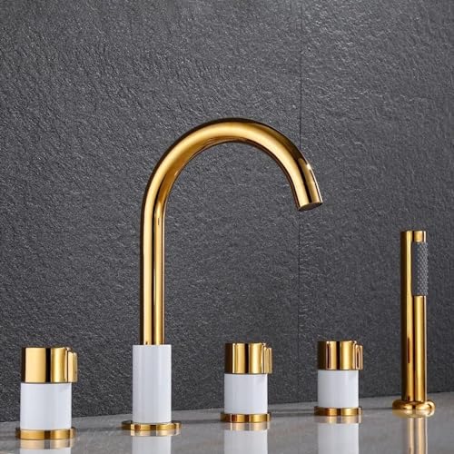 DRFGHK 5-Loch Wannenrandarmatur Badewannenarmatur mit Brause, Mischbatterie Badewanne Duschbatterie Modern Gold+Weiß DRFGHK 5-Loch Wannenrandarmatur Badewannenarmatur mit Brause, Mischbatterie Badewanne Duschbatterie Modern Gold+Weiß von DRFGHK