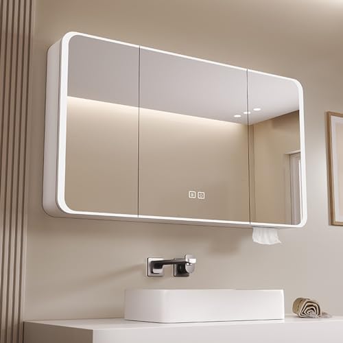 DRFGHK Arc Smart Medizinschrank mit Lichtern, beleuchtetem Defogger, beleuchtetem Spiegel, intelligenter Spiegellicht-Defogger, Beauty-Aufbewahrungsschrank (Farbe: Weiß, Größe: 90 C) von DRFGHK