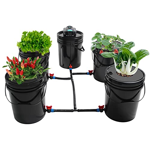DRFGHK DWC Hydroponics Grow System mit Top-Drip-Kit, 5 Gallonen Deep Water Culture Kit, Recirculating Drip Garden System mit 4 Eimern, Luftpumpe, 19,7 Fuß Luftschlauch, Luftpumpe und Luftstein von DRFGHK
