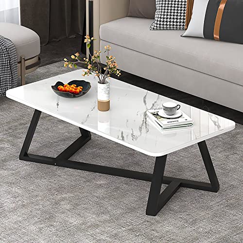 DRFGHK Glass Coffee Table, Modern Rectangular Table & Side Made of Faux Marble with Black Metal Base Frame, Living Room Sets for Home, Small Space von DRFGHK