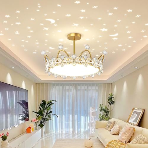 DRFGHK Goldkronleuchter Mädchen Prinzessin Runde dimmbare LED-Kristall-Pendelleuchte mit Projektionssternen Sternenhimmel Kinder-Deckenleuchte Unterputz-Kronleuchter für Kinderzimmer Esszimmer DRFGHK Goldkronleuchter Mädchen Prinzessin Runde dimmbare LED-Kristall-Pendelleuchte mit Projektionssternen Sternenhimmel Kinder-Deckenleuchte Unterputz-Kronleuchter für Kinderzimmer Esszimmer von DRFGHK