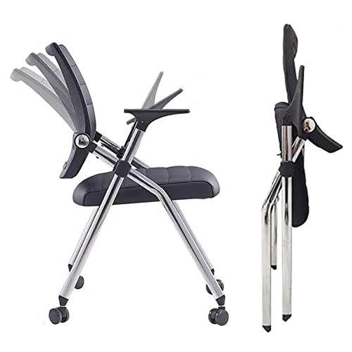 DRFGHK Klappbarer Bürostuhl mit Rollen, ergonomischer und bequemer Schreibtisch, Leder, gepolsterte Sitzarme, zusammenklappbar, Schwarz von DRFGHK