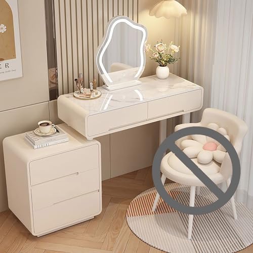 DRFGHK Moderner 3-in-1-Schminktisch, Schminktisch mit Spiegel und Stuhl, platzsparender Schminkhocker, Schlafzimmerschreibtisch, Schubladen, Einheit, weiße glänzende LED-Lichter für Damen (Weiß von DRFGHK