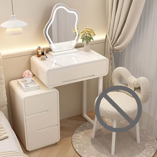 DRFGHK Moderner 3-in-1-Schminktisch, Schminktisch mit Spiegel und Stuhl, platzsparender Schminkhocker, Schlafzimmerschreibtisch, Schubladen, Einheit, weiße glänzende LED-Lichter für Damen (Weiß von DRFGHK