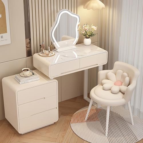 DRFGHK Moderner 3-in-1-Schminktisch, Schminktisch mit Spiegel und Stuhl, platzsparender Schminkhocker, Schlafzimmerschreibtisch, Schubladen, Einheit, weiße glänzende LED-Lichter für Damen (Weiß von DRFGHK