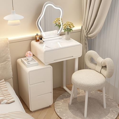 DRFGHK Moderner 3-in-1-Schminktisch, Schminktisch mit Spiegel und Stuhl, platzsparender Schminkhocker, Schlafzimmerschreibtisch, Schubladen, Einheit, weiße glänzende LED-Lichter für Damen (Weiß DRFGHK Moderner 3-in-1-Schminktisch, Schminktisch mit Spiegel und Stuhl, platzsparender Schminkhocker, Schlafzimmerschreibtisch, Schubladen, Einheit, weiße glänzende LED-Lichter für Damen (Weiß von DRFGHK