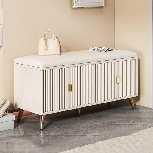 DRFGHK Schuhaufbewahrungsbank für Den Eingangsbereich mit Gepolstertem Sitz, Schuhregalbank 4 Türen und Verstellbaren Einlegeböden, Schuhschrank-Organizer Flur(120x30x50cm(47x12x20inch), Gold) von DRFGHK