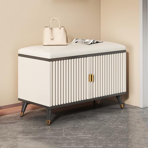 DRFGHK Schuhaufbewahrungsbank für Den Eingangsbereich mit Gepolstertem Sitz, Schuhregalbank 4 Türen und Verstellbaren Einlegeböden, Schuhschrank-Organizer Flur(60x30x50cm(24x12x20inch), Black) von DRFGHK
