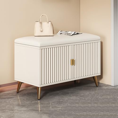 DRFGHK Schuhaufbewahrungsbank für Den Eingangsbereich mit Gepolstertem Sitz, Schuhregalbank 4 Türen und Verstellbaren Einlegeböden, Schuhschrank-Organizer Flur(60x30x50cm(24x12x20inch), Gold) von DRFGHK