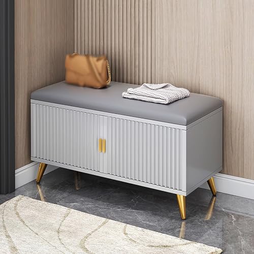 DRFGHK Schuhaufbewahrungsbank für Den Eingangsbereich mit Gepolstertem Sitz, Schuhregalbank 4 Türen und Verstellbaren Einlegeböden, Schuhschrank-Organizer Flur(60x32x52cm(24x13x20inch), Gray1) von DRFGHK