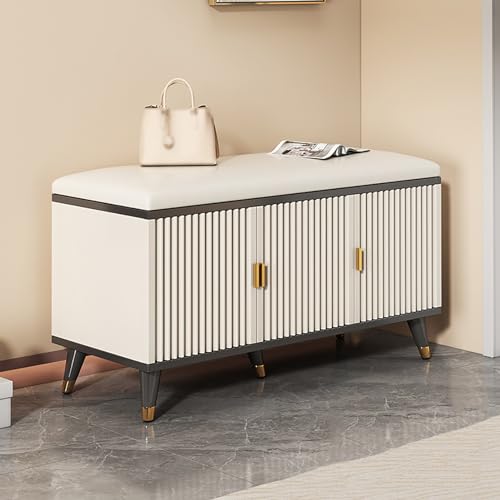 DRFGHK Schuhaufbewahrungsbank für Den Eingangsbereich mit Gepolstertem Sitz, Schuhregalbank 4 Türen und Verstellbaren Einlegeböden, Schuhschrank-Organizer Flur(90x30x50cm(35x12x20inch), Black) von DRFGHK