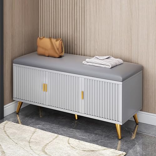 DRFGHK Schuhaufbewahrungsbank für Den Eingangsbereich mit Gepolstertem Sitz, Schuhregalbank 4 Türen und Verstellbaren Einlegeböden, Schuhschrank-Organizer Flur(90x32x52cm(35x13x20inch), Gray1) von DRFGHK