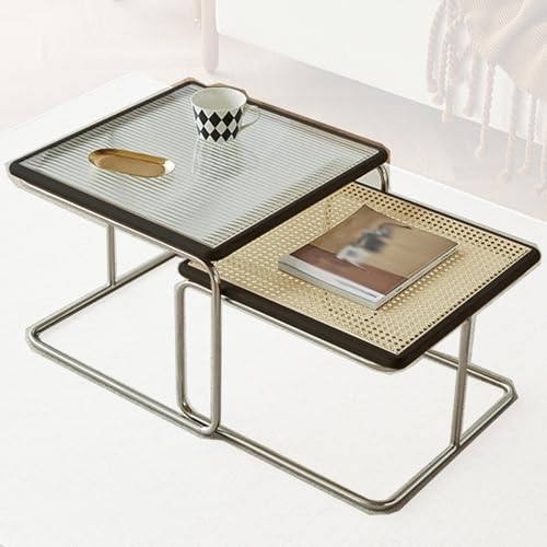 DRFGHK Set of 2 Coffee Tables, Modern Rustic Living Room Table, Square Stackable Side Tables with Metal Frame, Rattan Weave and Glass Table Top (Black) von DRFGHK