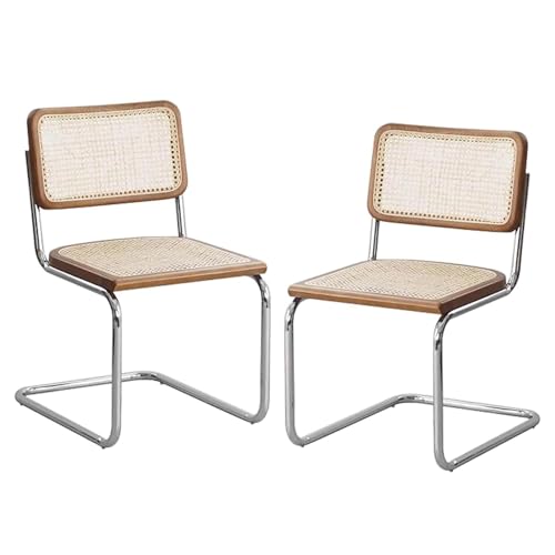 Dining Chairs Meal Rattan Set of 2 Kitchen Side Without Armrests with Metal Legs, Modern Natural Wicker Backrest and Padded Seat, B von DRFGHK