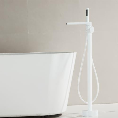 Freistehender Wasserfall-Wasserhahn mit Sprüher, 360° drehbar, Dual-Modus, Bodenmontage, Wanne, Einzelgriff, Weiß Freistehender Wasserfall-Wasserhahn mit Sprüher, 360° drehbar, Dual-Modus, Bodenmontage, Wanne, Einzelgriff, Weiß von DRFGHK