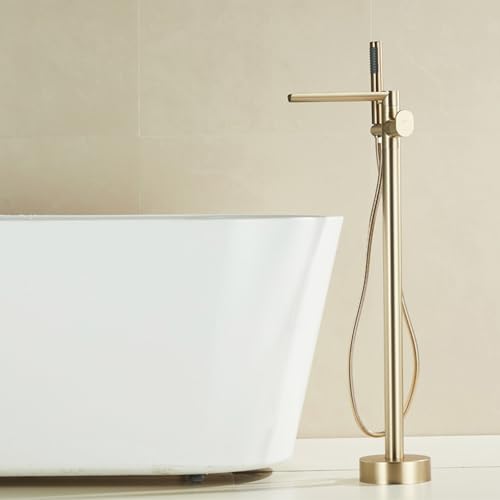 Freistehender Wasserfall-Wasserhahn mit Sprüher, 360° drehbar, Dual-Modus, Bodenmontage, Wanne, Einzelgriff, gebürstetes Gold Freistehender Wasserfall-Wasserhahn mit Sprüher, 360° drehbar, Dual-Modus, Bodenmontage, Wanne, Einzelgriff, gebürstetes Gold von DRFGHK
