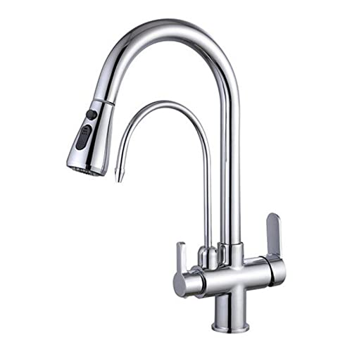 Küchenarmatur mit gefiltertem Trinkwasser, 360° schwenkbar, 2 Funktionen, ausziehbarer Sprühkopf, Edelstahl-Mischbatterie, Griffe für kalte und heiße Mischbatterie, Schwarz (Chrom) von DRFGHK