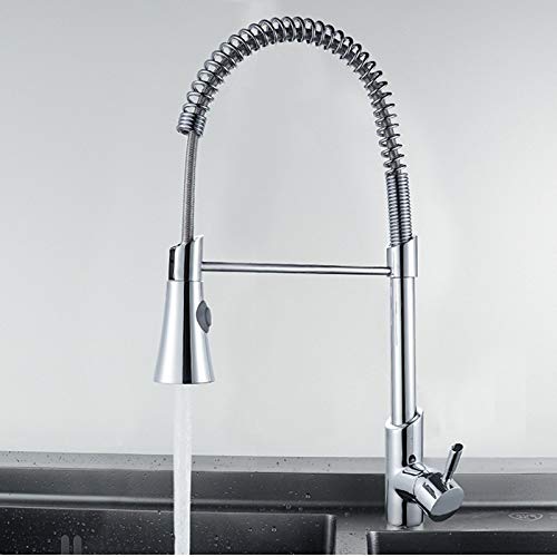 Küchenspüle-Wasserhahn für Bar, Bauernhaus, kommerziell, Chrom-Messing-Federarmaturen, feste Unterstützung, 360 Grad drehbarer Knopfschalter, Mischbatterien (mit Schlauchgröße 1–2), Silber von DRFGHK