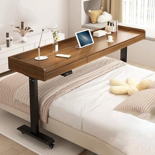 Moderner mobiler, höhenverstellbarer Betttisch mit Schublade, Überbetttisch, Roll-Laptop-Arbeitsplatz, Schlafzimmer, 53 cm (L) x 17 cm (B) 11 cm (H), Braun von DRFGHK