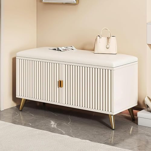 Schuhbank für den Flur, mit Tür, Schuhaufbewahrung, Organizer, Sitz, gepolstertes Holz-Sitzkissen für Eingangsbereich, Schlafzimmer (Größe: 60 x 30 x 50 cm, Farbe: Weißgold) von DRFGHK