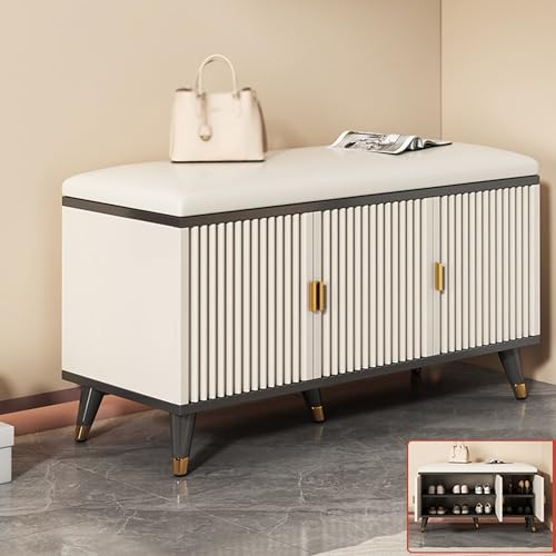 Schuhbank für den Flur, mit Tür, Schuhaufbewahrung, Organizer, Sitz, gepolstertes Holz-Sitzkissen für Eingangsbereich, Schlafzimmer (Größe: 90 x 30 x 50 cm, Farbe: Schwarz/Gold) von DRFGHK