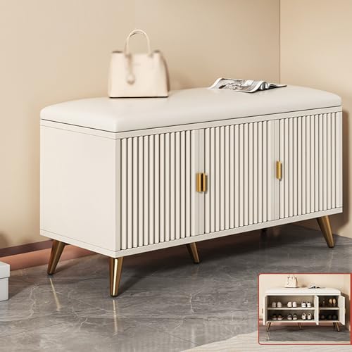 Schuhbank für den Flur, mit Tür, Schuhaufbewahrung, Organizer, Sitz, gepolstertes Holz-Sitzkissen für Eingangsbereich, Schlafzimmer (Größe: 90 x 30 x 50 cm, Farbe: Weißgold) von DRFGHK