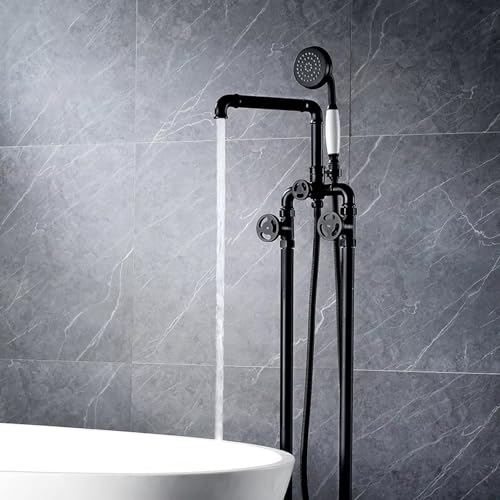 Stand-Alone-Wannen-Wasserhahn, Bodenhalterung, schwarz, mit Duschkopf, 360° drehbar, Dual-Modus, Badewanne, Industrie-Stil, Schwarz Stand-Alone-Wannen-Wasserhahn, Bodenhalterung, schwarz, mit Duschkopf, 360° drehbar, Dual-Modus, Badewanne, Industrie-Stil, Schwarz von DRFGHK
