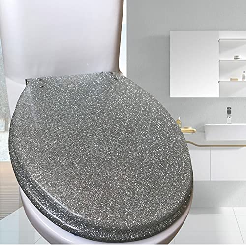 WC-Sitz aus Glitzer-Harz, runder Sitz, Absenkautomatik, einfach zu installieren und zu entfernen, für Standard-Toiletten (vier Farben erhältlich)/Silber von DRFGHK