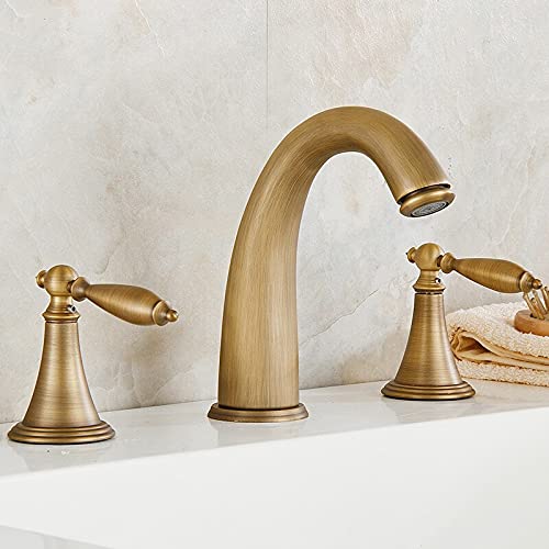 Waschbeckenarmaturen, antikes Messing, Deckmontage, Badewannenmischer, Doppelgriff, 3 Löcher, Badezimmer-Set, Wasserhahn, Wannenarmatur (SLT3PC3) von DRFGHK