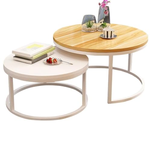DRFGNF Couchtisch 2er Set Rund Nesting Couchtisch Sofa Beistelltisch Wohnzimmer Modern, Holz und Metall, Natur und Weiß Nachttische, von DRFGNF