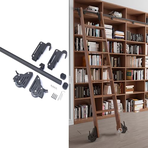 DRFGNF Einziehbarer Haken an der Rollleiterschienenhalterung für Bibliotheksleitern (ohne Leiter), schwarzes, horizontales Wandmontage-Hardware-Kit-System mit Rollen für Bibliot von DRFGNF