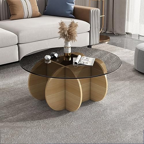 DRFGNF Moderner runder Couchtisch mit klarer Tischplatte aus gehärtetem Glas und Massivholzsockel, Walnussholz- und graues Finish, ideal für Wohnzimmer oder Terrasse DRFGNF Moderner runder Couchtisch mit klarer Tischplatte aus gehärtetem Glas und Massivholzsockel, Walnussholz- und graues Finish, ideal für Wohnzimmer oder Terrasse von DRFGNF