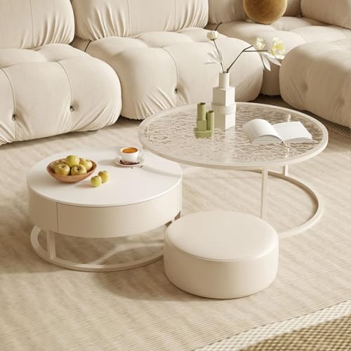 DRFGNF Runder Couchtisch, 2er-Set, moderne, minimalistische Mitteltische mit Metallrahmen und kleinem Lederhocker für Wohnzimmer, Schlafzimmer, kleiner Raum (Farbe: Stil A, Größe: von DRFGNF